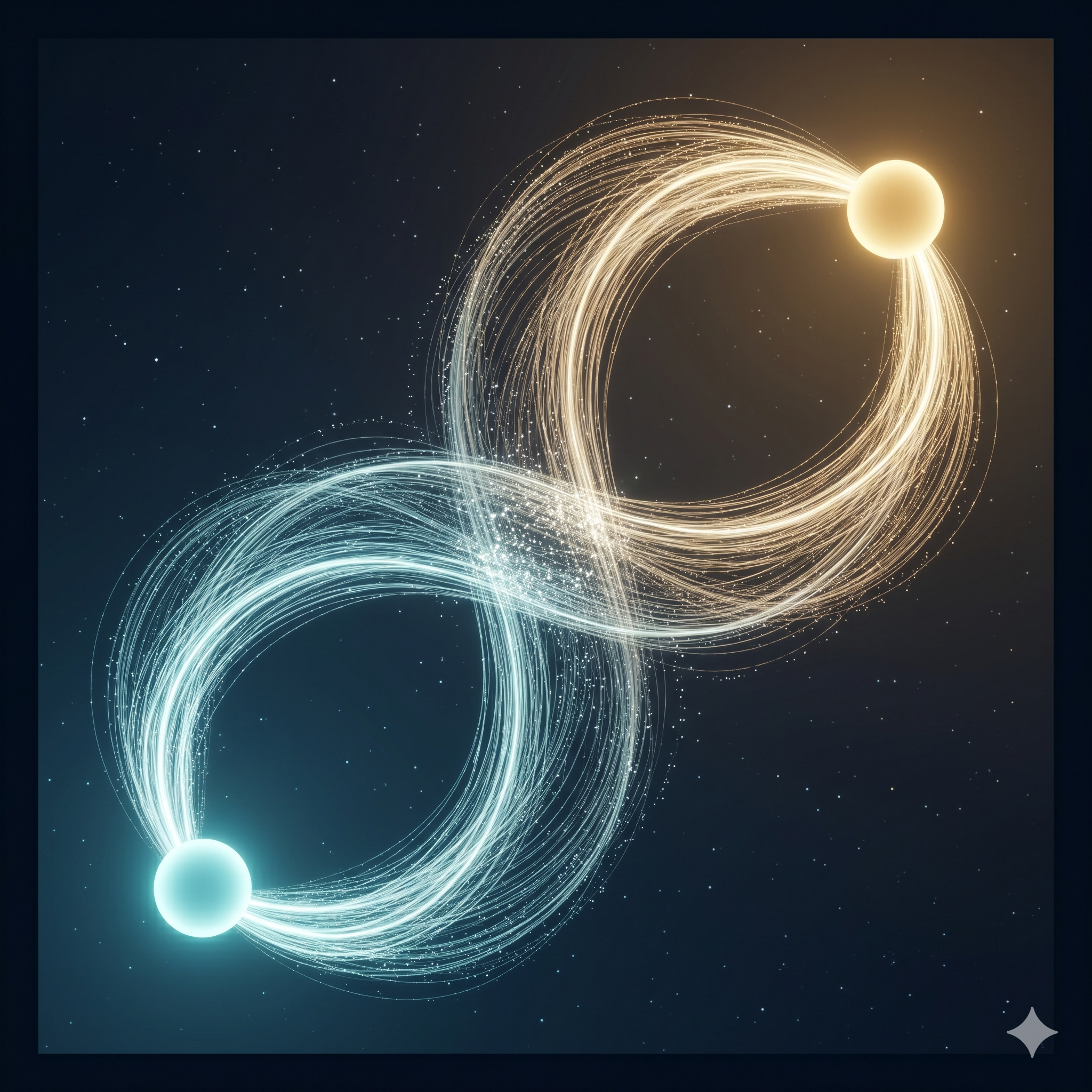 Two luminous spheres connected by interwoven streams, representing science and society in dialogue